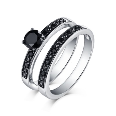 Art Deco Round Cut Black Sapphire 925 Sterling Silver Ring Sets