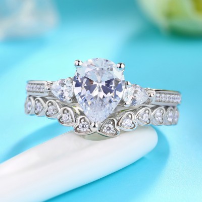 Pear Cut White Sapphire 925 Sterling Silver Heart 3-Stone Bridal Sets