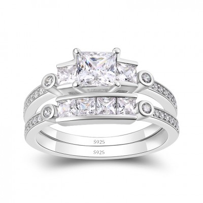 Princess Cut White Sapphire 925 Sterling Silver 3-Stone Bridal Sets