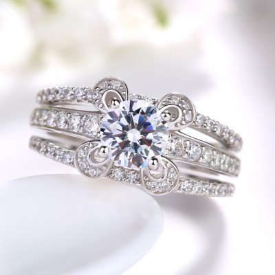 Floral Round Cut White Sapphire 925 Sterling Silver 3-Piece Bridal Sets