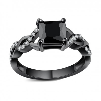 Princess Cut Black Sapphire Black Sterling Silver Engagement Rings