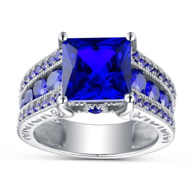 Princess Cut Blue Sapphire 925 Sterling Silver Engagement Rings