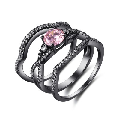 Round Cut Pink Sapphire Black 925 Sterling Silver Bridal Sets