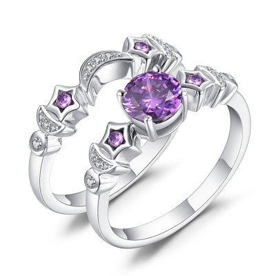 Moon and Star Amethyst Sapphire 925 Sterling Silver Bridal Sets