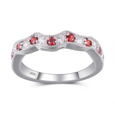Round Cut White Sapphire and Ruby Sterling Silver Wedding Bands