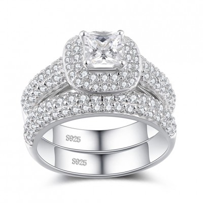 Princess Cut White Sapphire Sterling Silver Women's Bridal Set Ring