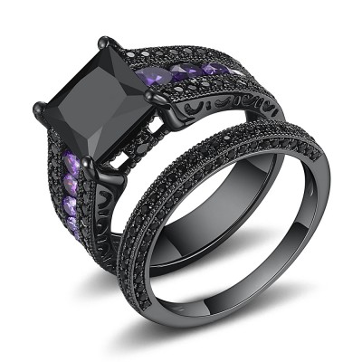 Princess Cut Black and Amethyst Sapphire Sterling Silver Women's Bridal Ring Set