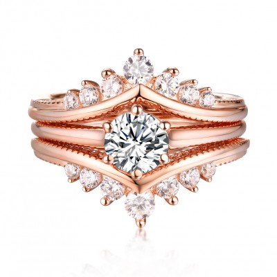 Round Cut S925 Silver White Sapphire Rose Gold 3 Piece Ring Sets