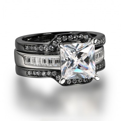 Princess Cut White Sapphire Black 925 Sterling Silver 3 Piece Bridal Sets