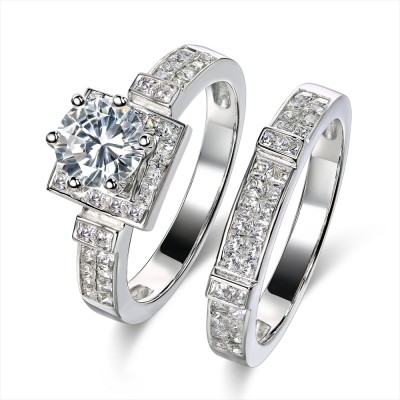 Round Cut 925 Sterling Silver White Sapphire 2-Piece Bridal Sets