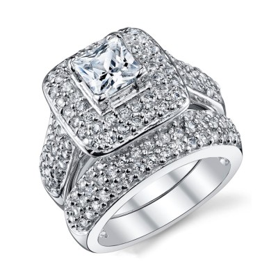 Princess Cut White Sapphire Sterling Silver Double Halo Bridal Sets