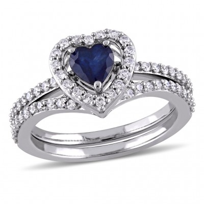 Heart Cut Blue Sapphire Sterling Silver Halo Bridal Sets