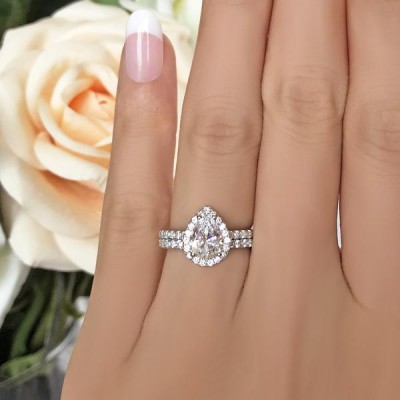 Pear Cut White Sapphire 925 Sterling Silver Halo Bridal Sets
