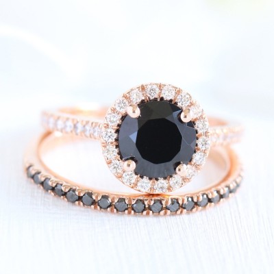 Rose Gold Round Cut Black Sapphire Sterling Silver Halo Bridal Sets