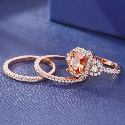 Vintage Design Emerald Cut Rose Gold Halo Wedding Ring Set