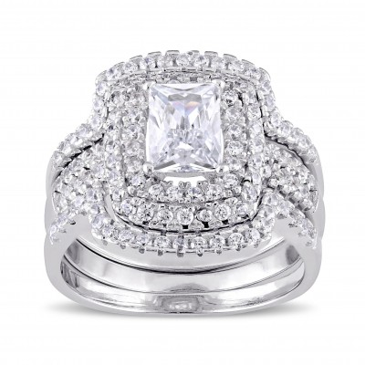 Radiant Cut White Sapphire Sterling Silver Halo 3-Piece Bridal Sets