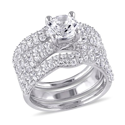 Round Cut White Sapphire Sterling Silver 3-Piece Bridal Sets