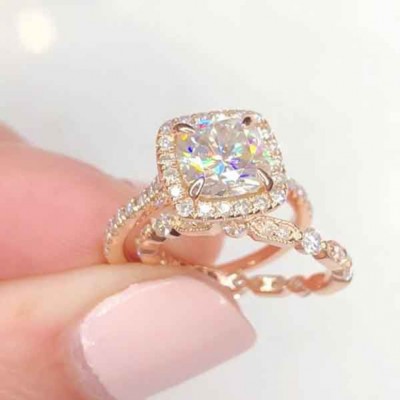 Cushion Cut White Sapphire 925 Sterling Silver Rose Gold Halo Bridal Sets