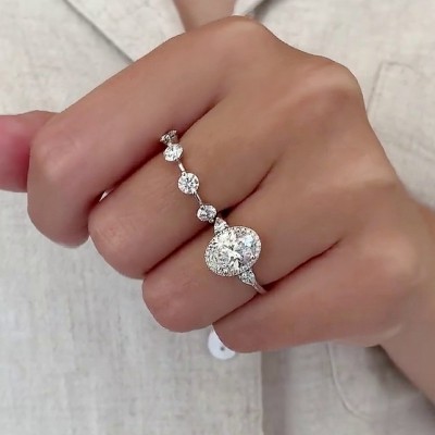 Oval Cut White Sapphire 925 Sterling Silver Halo 3-Stone Ring Sets