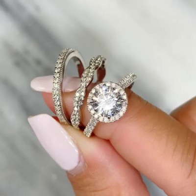 Round Cut White Sapphire 925 Sterling Silver 3-Piece Halo Bridal Sets