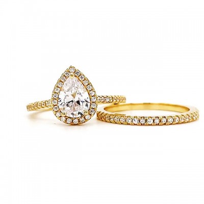 Pear Cut White Sapphire Gold 925 Sterling Silver Halo Bridal Sets