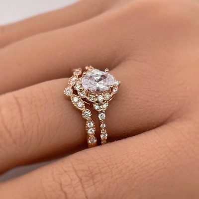 Oval Cut White Sapphire Rose Gold 925 Sterling Silver Halo Bridal Sets