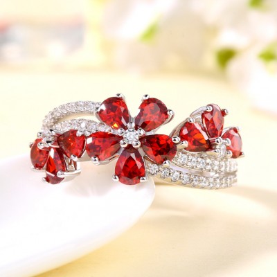 Pear Cut Ruby 925 Sterling Silver Engagement Rings Flower Promise Rings