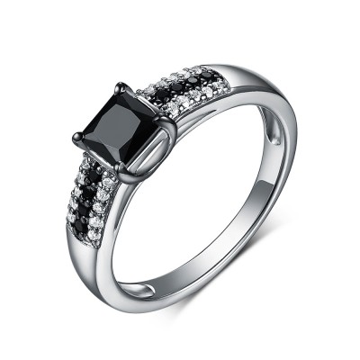 Princess Cut 925 Sterling Silver Black & White Sapphire Engagement Rings