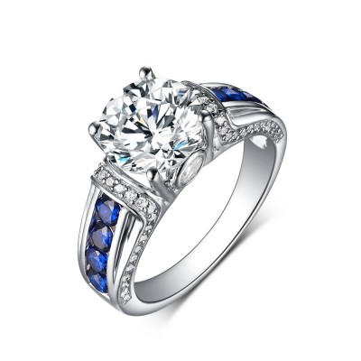 Round Cut Sapphire & White Sapphire 925 Sterling Silver Engagement Rings