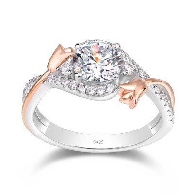 Floral Round Cut White Sapphire 925 Sterling Silver Rose Gold Two-Tone 3-Stone Engagement Ring