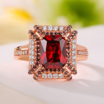 Radiant Cut Ruby 925 Sterling Silver Rose Gold Art Deco Halo Engagement Ring
