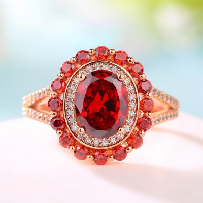 Oval Cut Ruby 925 Sterling Silver Rose Gold Double Halo Engagement Rings