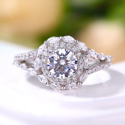 Round Cut White Sapphire 925 Sterling Silver Double Halo Engagement Rings