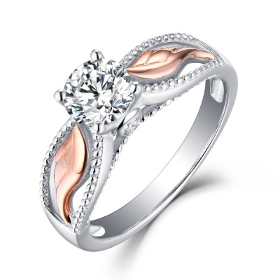 "Angel Wings" Round Cut White Sapphire Rose Gold Sterling Silver Womens Engagement Ring