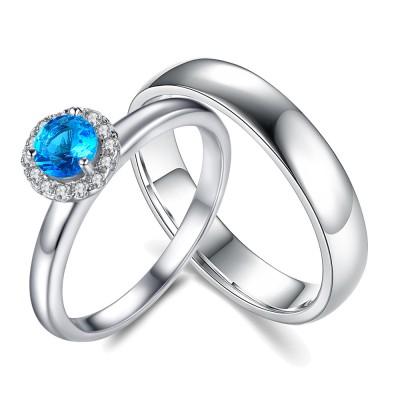 Round Cut Aquamarine Sterling Silver Halo Couple Rings