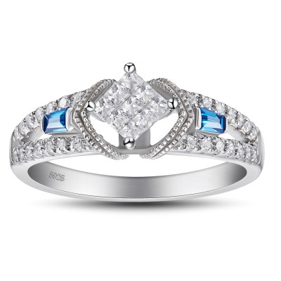 Princess Cut 925 Sterling Silver Aquamarine Sapphire Women's Engagement Ring