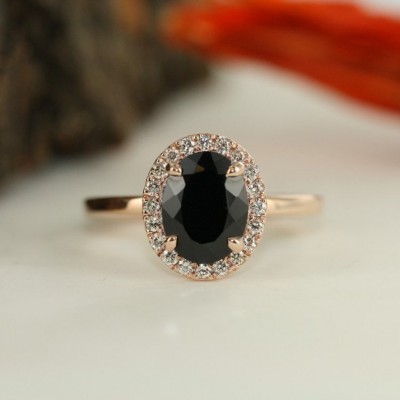 Rose Gold Oval Cut Black Sapphire 925 Sterling Silver Engagement Ring