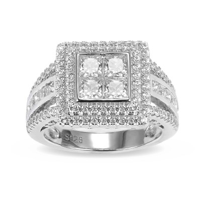 Princess Cut White Sapphire 925 Sterling Silver Double Halo Engagement Rings