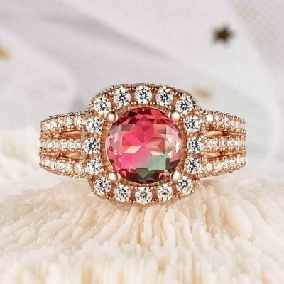 3.25CT Round Cut 925 Sterling Silver Rose Gold Halo Watermelon Engagement Rings