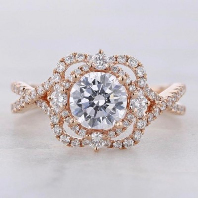 Round Cut White Sapphire 925 Sterling Silver Halo Rose Gold Engagement Rings