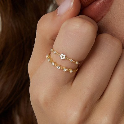 Star 925 Sterling Silver White Sapphire Minimalist Yellow Gold Ring Set