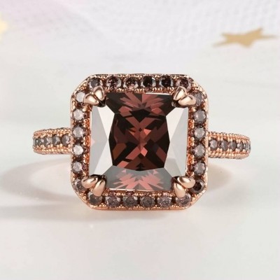 4.51CT Princess Cut Chocolate 925 Sterling Silver Rose Gold Halo Engagement Rings