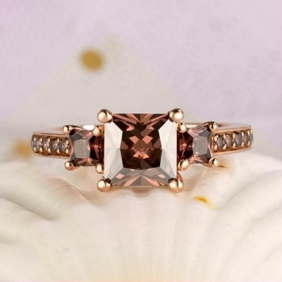 3.1CT Princess Cut Chocolate 925 Sterling Silver Rose Gold 3-Stone Engagement Rings