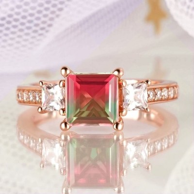 3.1CT Princess Cut 925 Sterling Silver Rose Gold 3-Stone Watermelon Engagement Rings