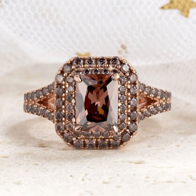 3.1CT Radiant Cut Chocolate 925 Sterling Silver Rose Gold Double Halo Engagement Rings