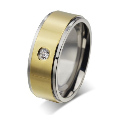Round Cut White Sapphire Gold and Silver Titanium Steel Men's Ring