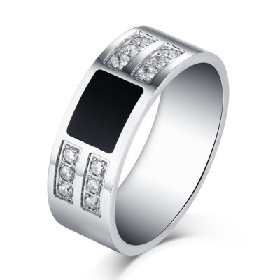 Round Cut White Sapphire Black and Silver Titanium Steel Men's Ring