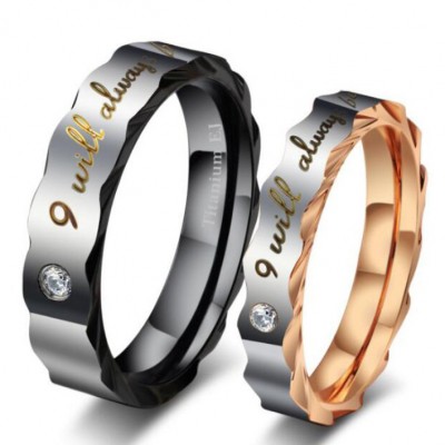 Black & Rose Gold Titanium Steel Promise Rings for Couples