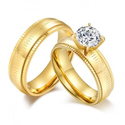 Gold Round Cut White Sapphire Titanium Steel Promise Rings for Couples