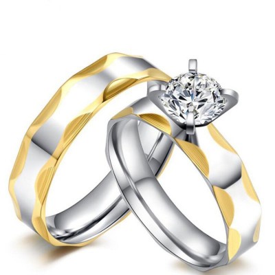 Titanium Steel Gold & Silver White Sapphire Promise Rings for Couples